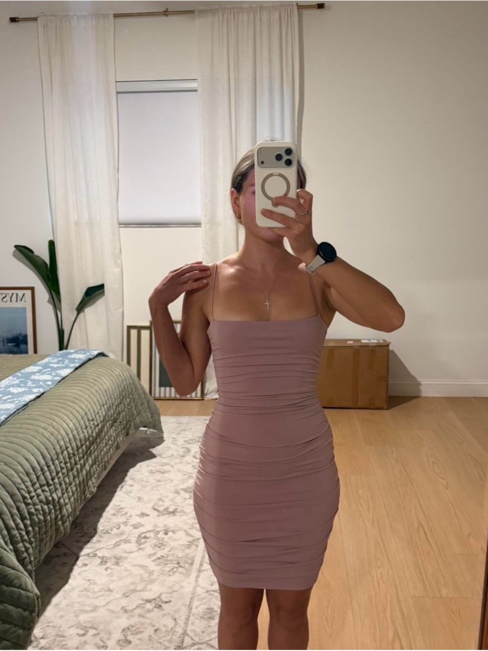 Nookie Mauve Ruched Spaghetti-Strap Mini Dress